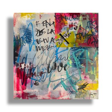 Colorful abstract graffiti painting with blue handwritten text, pink splashes, and layered urban textures.