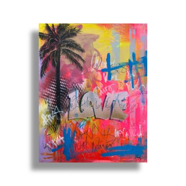Tropical urban painting with a black palm tree, pink and yellow background, and layered graffiti details.