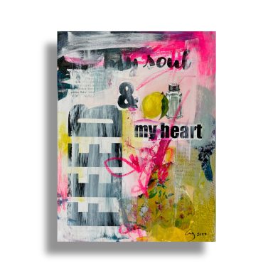 Urban abstract painting with text, a yellow lemon and salt, pink and yellow layers, and black and white brush textures.