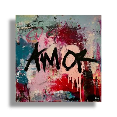 Abstract painting with the word AMOR in black, pink and turquoise graffiti layers, and textured red accents.