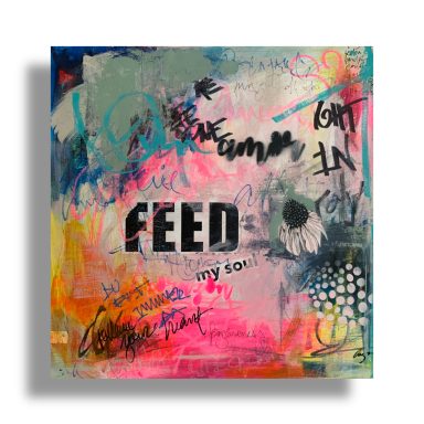 Abstract urban painting with layered text, FEED stencil, pink and yellow splashes, and black graffiti marks.