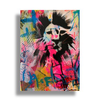 Urban lion portrait painting with pink, yellow and blue graffiti layers and a bold black stencil face.